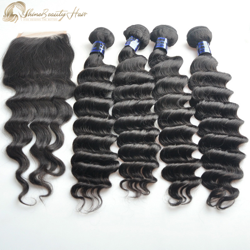 Brazilian Hair 4pcs Loose Deep Wave Hair with closure 4x4 1pc Shine Beauty Hair Wholesaler Free Shipping