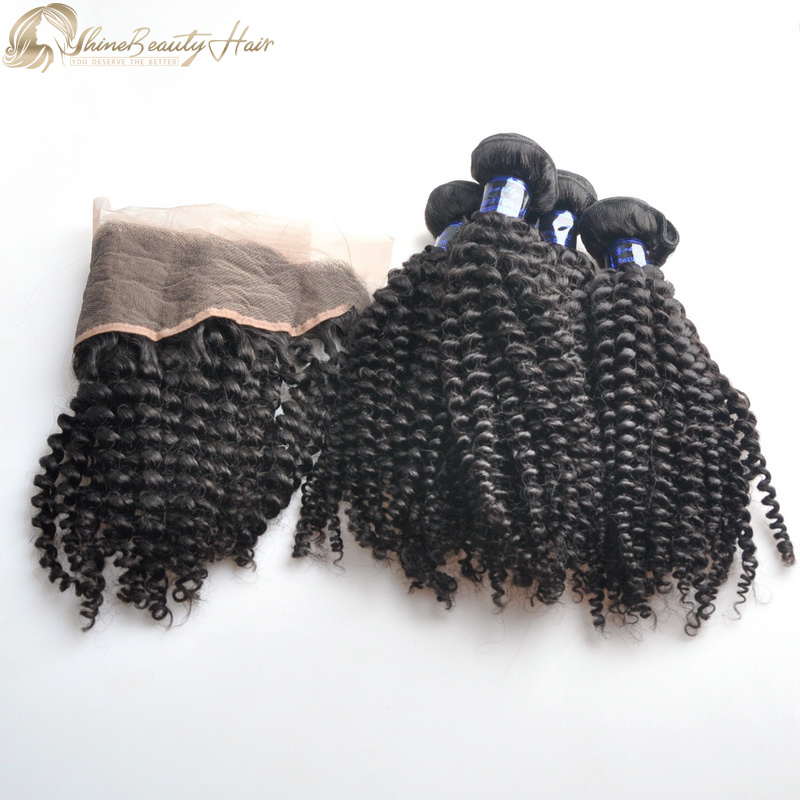 Grade 10A+ 4pcs Kinky Curly Unprocessed Virgin Hair Bundles With Frontal 1pc Shine Beauty Hair Free Shipping