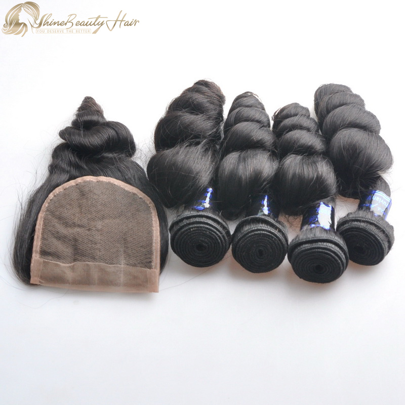 Shine Beauty Hair Wholesaler 4pcs Loose Wave Brazlian Hair Extensions With Closure 4x4 Free Shipping
