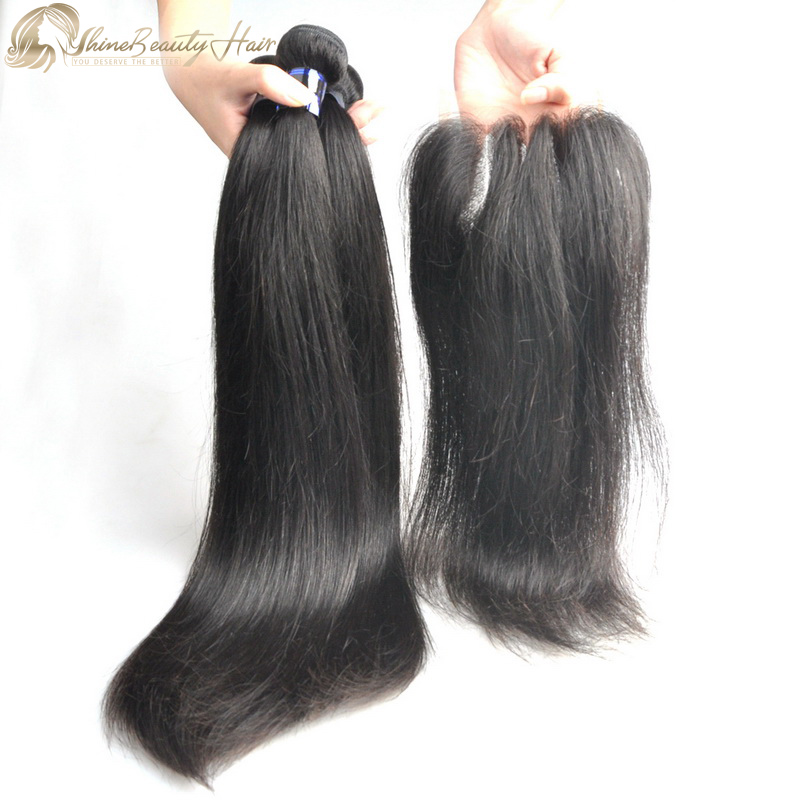 Shine Beauty Hair 3pcs Peruvian Virgin Hair Bundles With Closure 4×4 Straight Fast Free Shipping