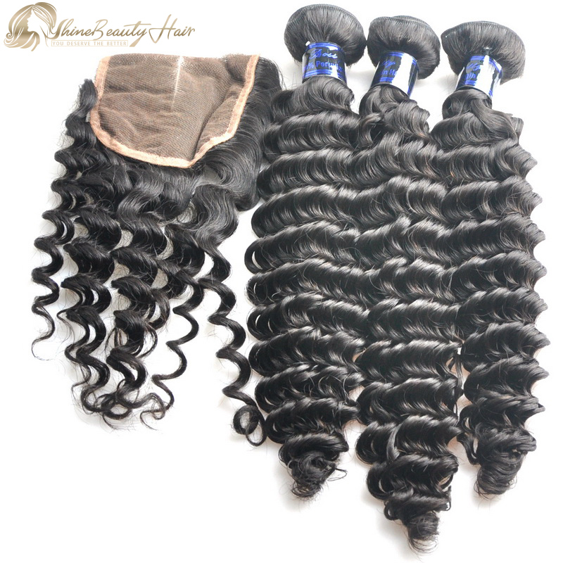 Shine Beauty Hair Wholesale 3pcs Deep Wave Hair Bundles With Closure 4x4 1pc Brazilian Hair Free Shipping