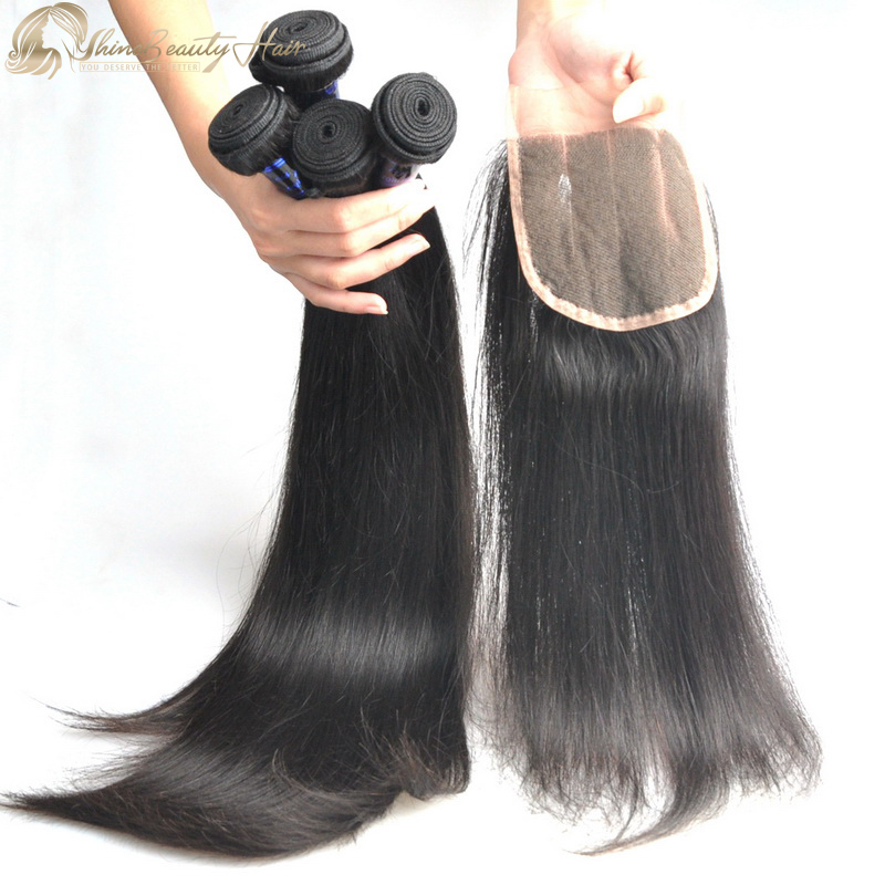 Shine Beauty Hair Wholesaler 4pcs Silky Straight Peruvian Human Hair Bundles With Closure 4x4 1pc Free Shipping