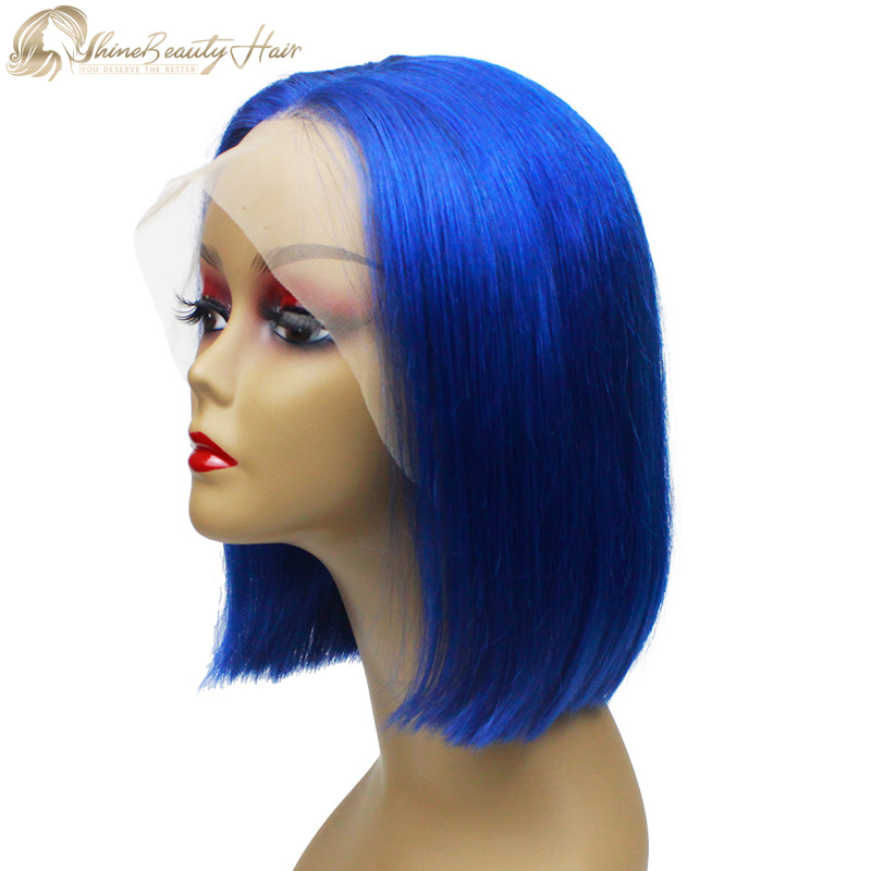 Free Shipping Blue Color Real Human Hair Front Lace Bob Wig For Black Women Shine Beauty Hair Brand