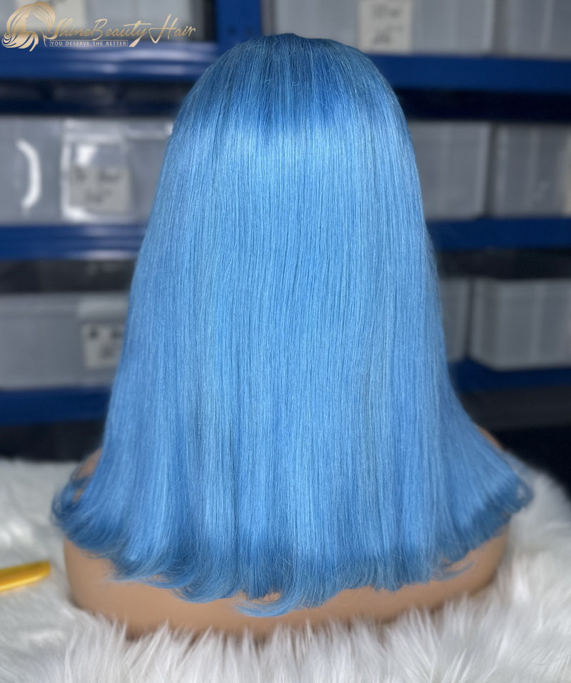 Shine Beauty Hair Light Blue Color 13x6 Transparent Lace Bob Short Hair Wigs Human Hair Factory Direct Sale Free Shipping