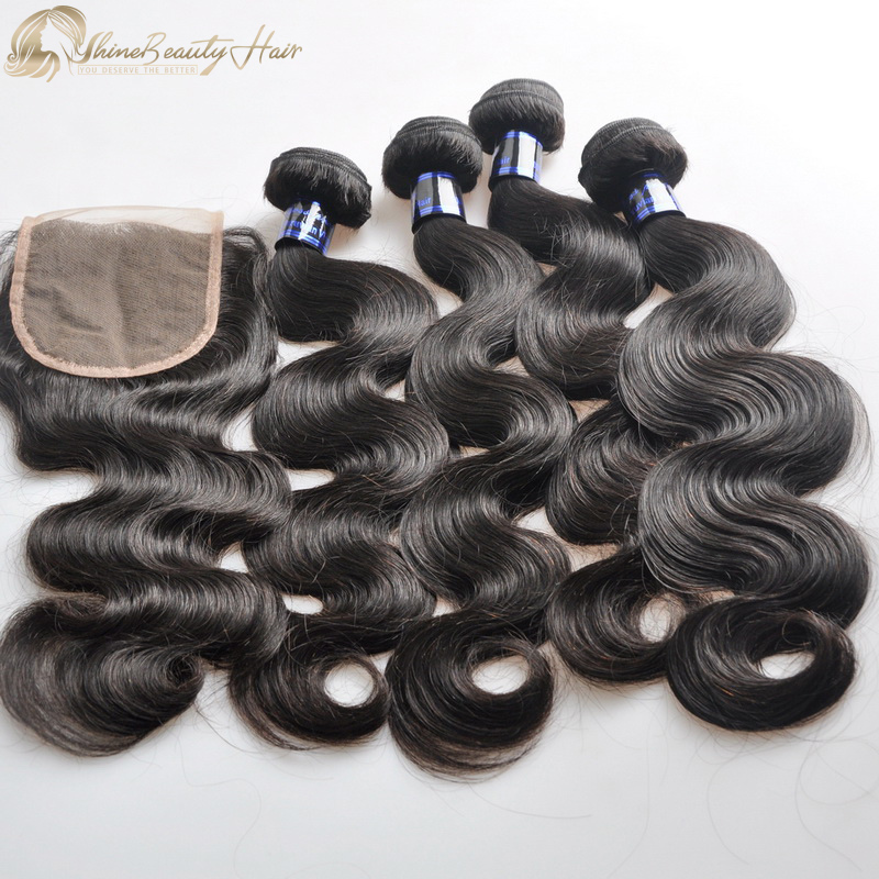 Shine Beauty Hair Brand 4pcs Body Wave Bundles With Closure Lace 4x4 1pc Free Shipping