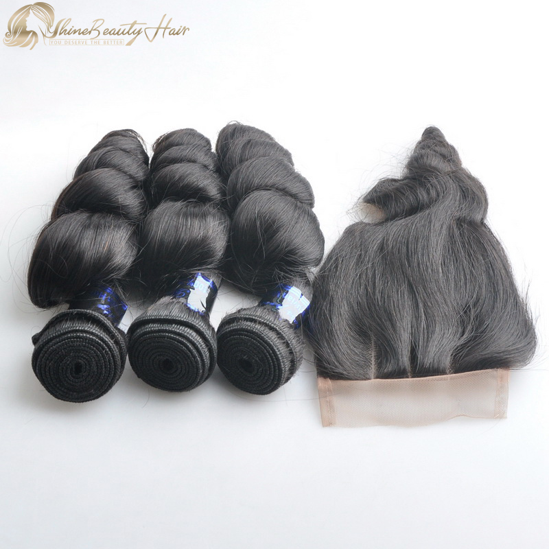 Shine Beauty Hair Brand 3pcs Brazilian Loose Wave Hair Bundles With Lace Closure 4x4 1pc Free Shipping