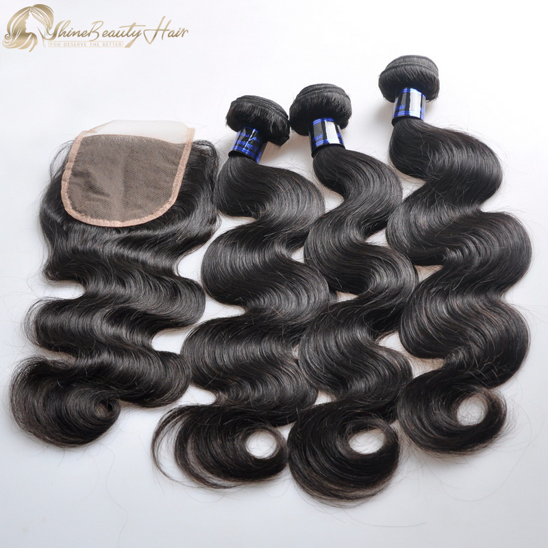 Free Shipping 3 Bundles Brazilian Body Wave Virgin Hair With Closure 1pc Shine Beauty Hair Brand