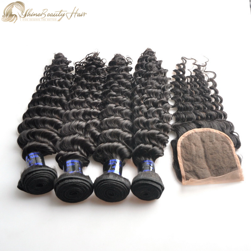 Shine Beauty Hair Factory 4pcs Brazilian Human Hair Bundles With Closure 1pc Deep Wave Free Shipping
