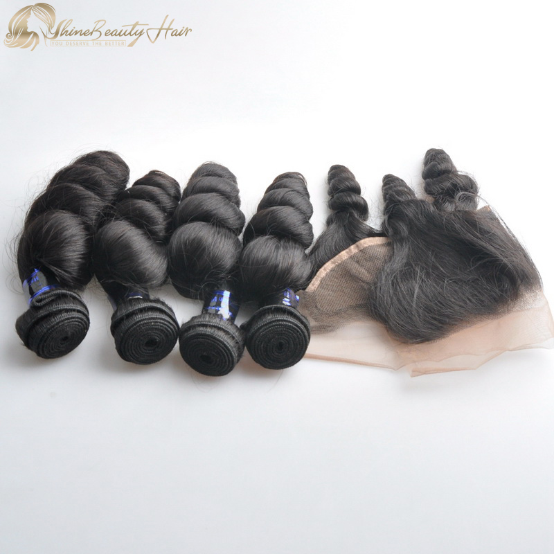 Shine Beauty Hair Brand 4pcs Loose Wave Hair Bundles With Frontal Ear To Ear Free Shipping