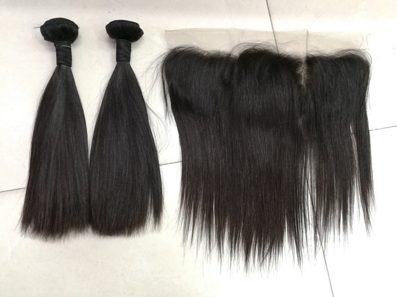 Silky Straight 2pcs Double Drawn Human Hair Bundles With Frontal 13x4 1pc Free Shipping