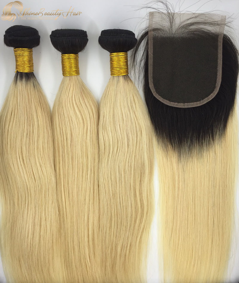 Shine Beauty Hair Company Factory Direct 3pcs Color 1B613 Hair Bundles With Closure 4x4 1pc Brazilian Remy Straight Hair Fast Free Shipping
