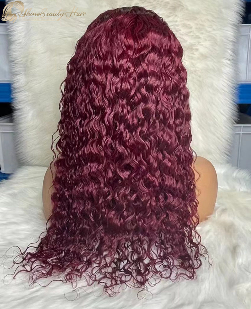 Burgundy Water Wave Human Hair Wig 13x4 Transparent Lace Free Shipping